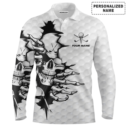 Custom Golf Long Sleeve Men Polo Shirt -  Custom Name Golf Skull White Polo Shirt - Personalized Gift For Men, Golf Lover