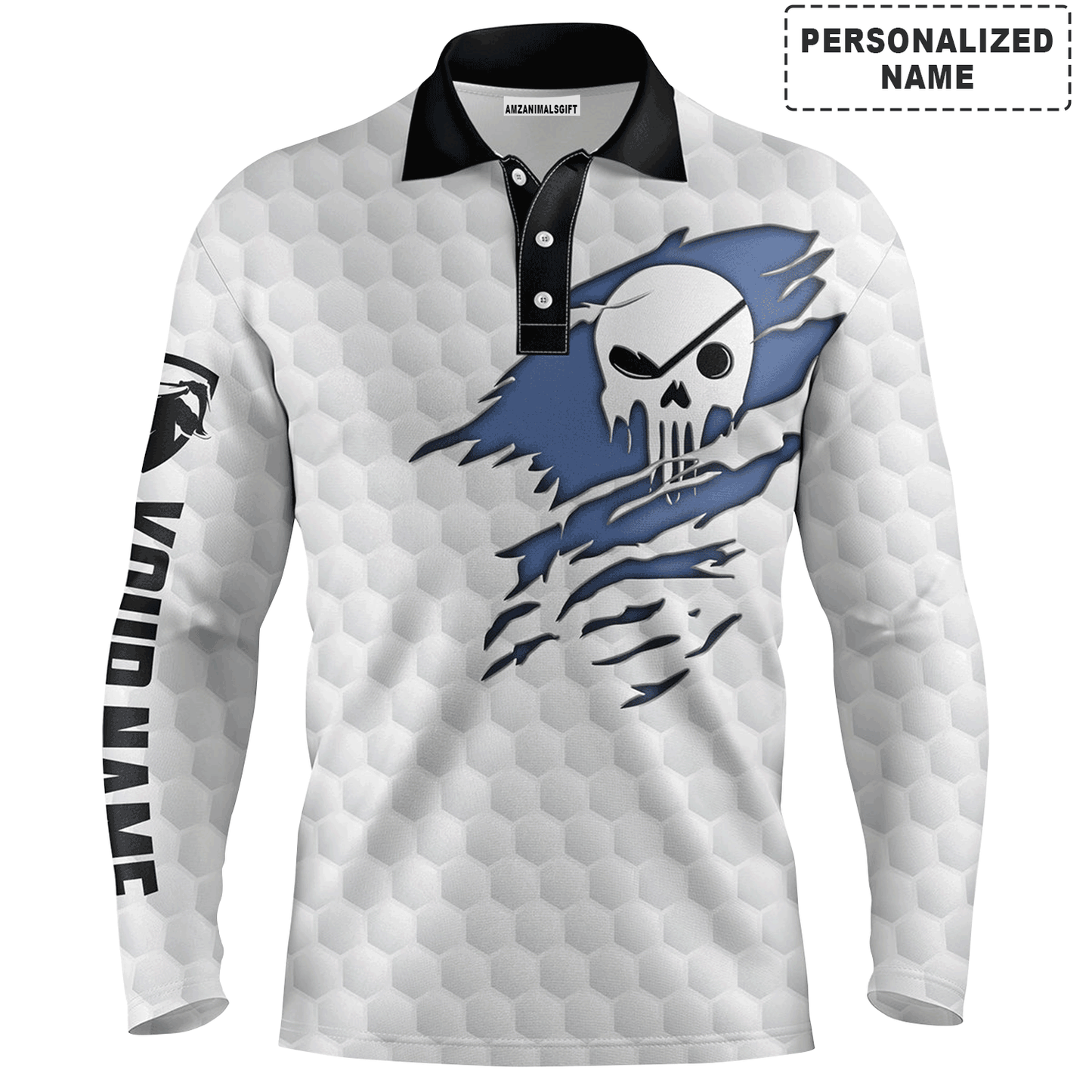 Custom Golf Long Sleeve Men Polo Shirt- Golf Club Skull Custom Name White Apparel - Perfect Gift For Men ,Golf Lover