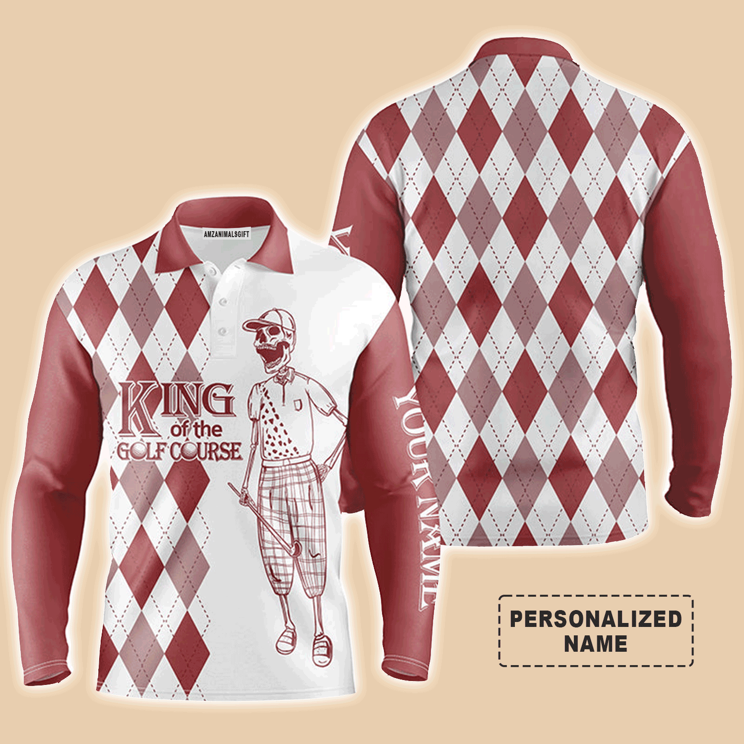 Custom Golf Long Sleeve Men Polo Shirt - Red And White Plaid Pattern Skull Custom Name,King Of The Golf Course - Personalized Gift For Men, Golf Lover
