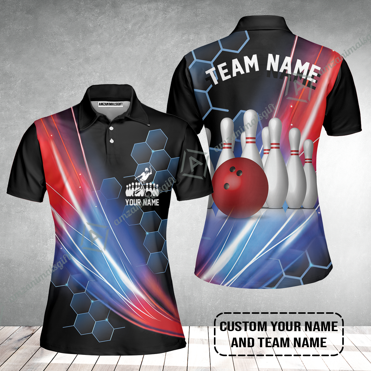 Personalized Bowling Men Long Polo Shirt - Custom Name & Team Name Honeycomb Pattern Bowling Long Polo Shirt For Men & Women Bowling Lover