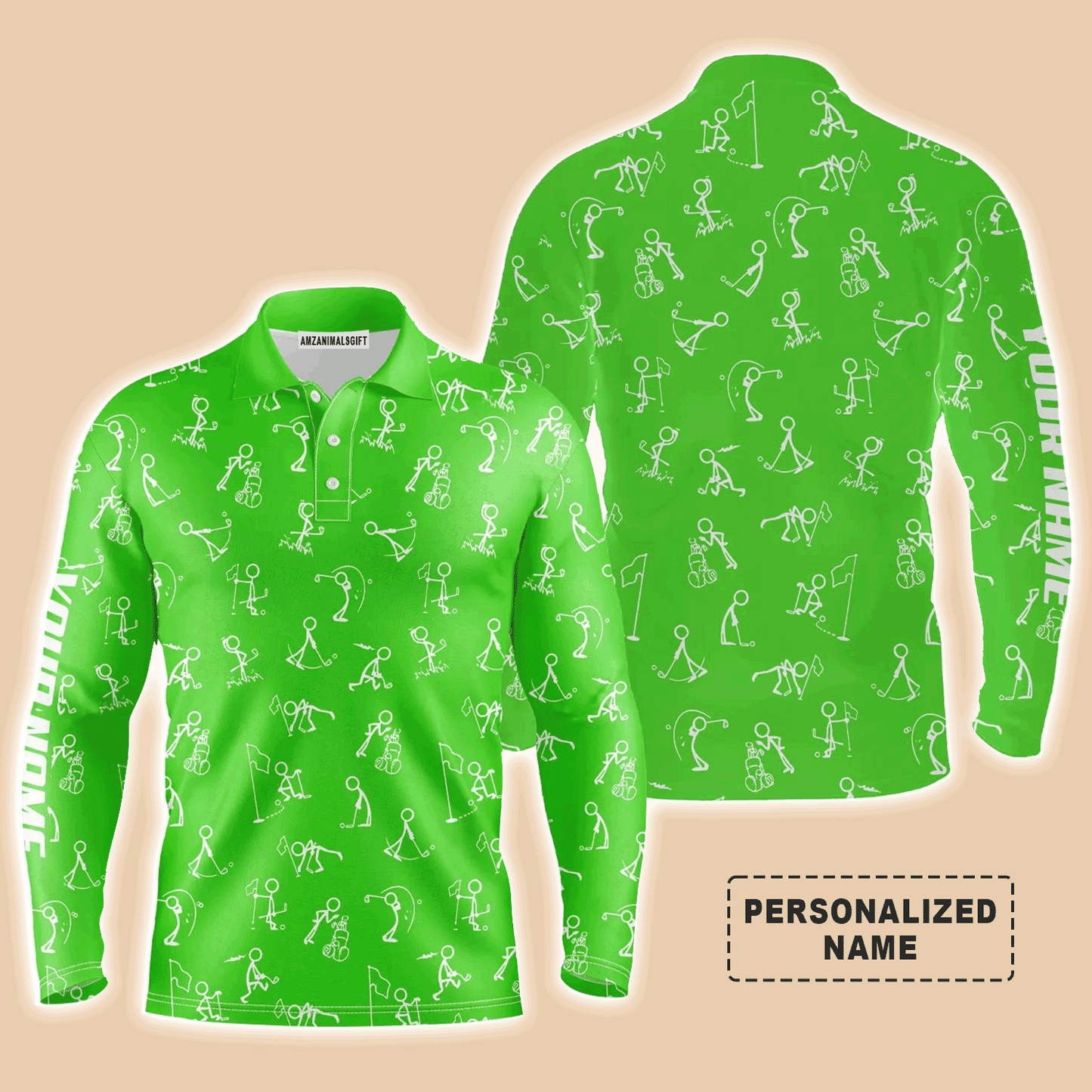 Custom Golf Long Sleeve Men Polo Shirt- Funny Golf Pattern Custom Name Multicolor Apparel - Personalized Gift For Men, Golf Lover, Team, Husband