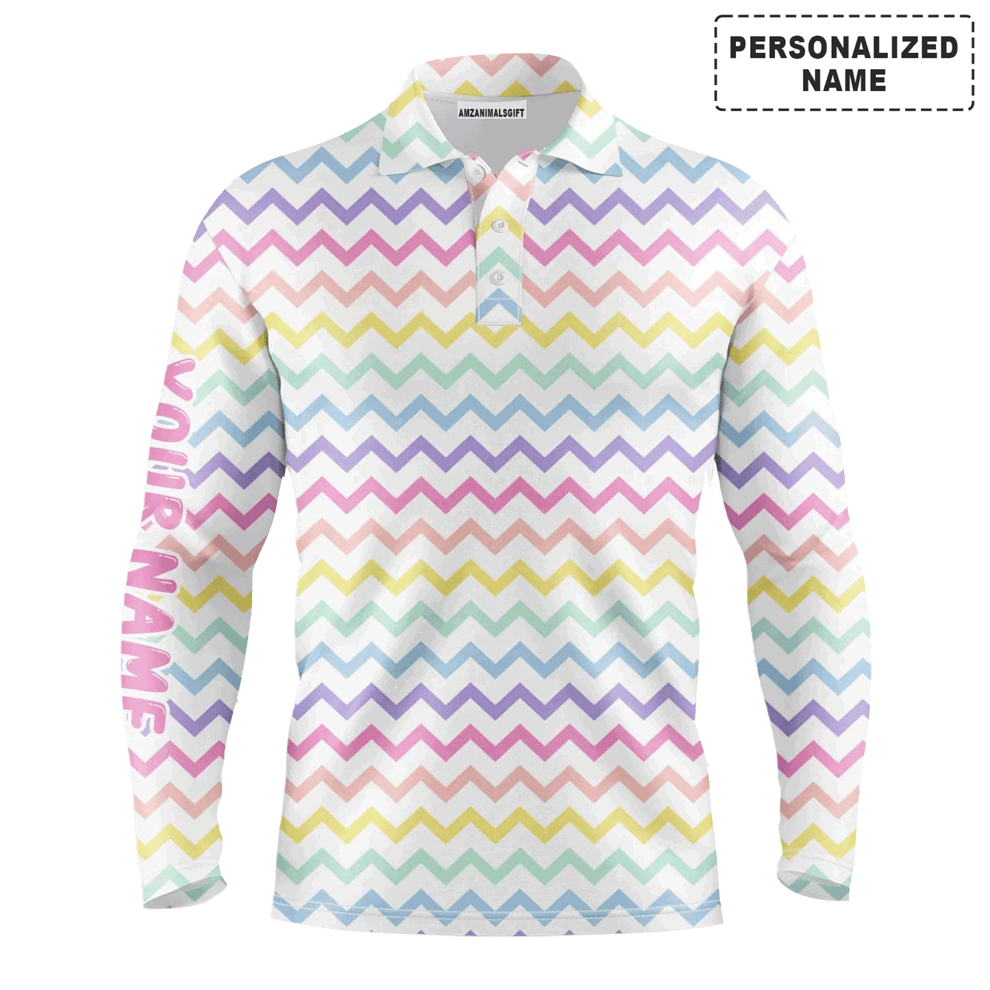 Custom Golf Long Sleeve Men Polo Shirt - Custom Name Rainbow Colors Pattern Apparel - Personalized Gift For Golf Lover, Team, Husband, Boyfriend, Men