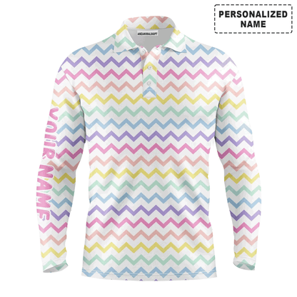 Custom Golf Long Sleeve Men Polo Shirt - Custom Name Rainbow Colors Pattern Apparel - Personalized Gift For Golf Lover, Team, Husband, Boyfriend, Men
