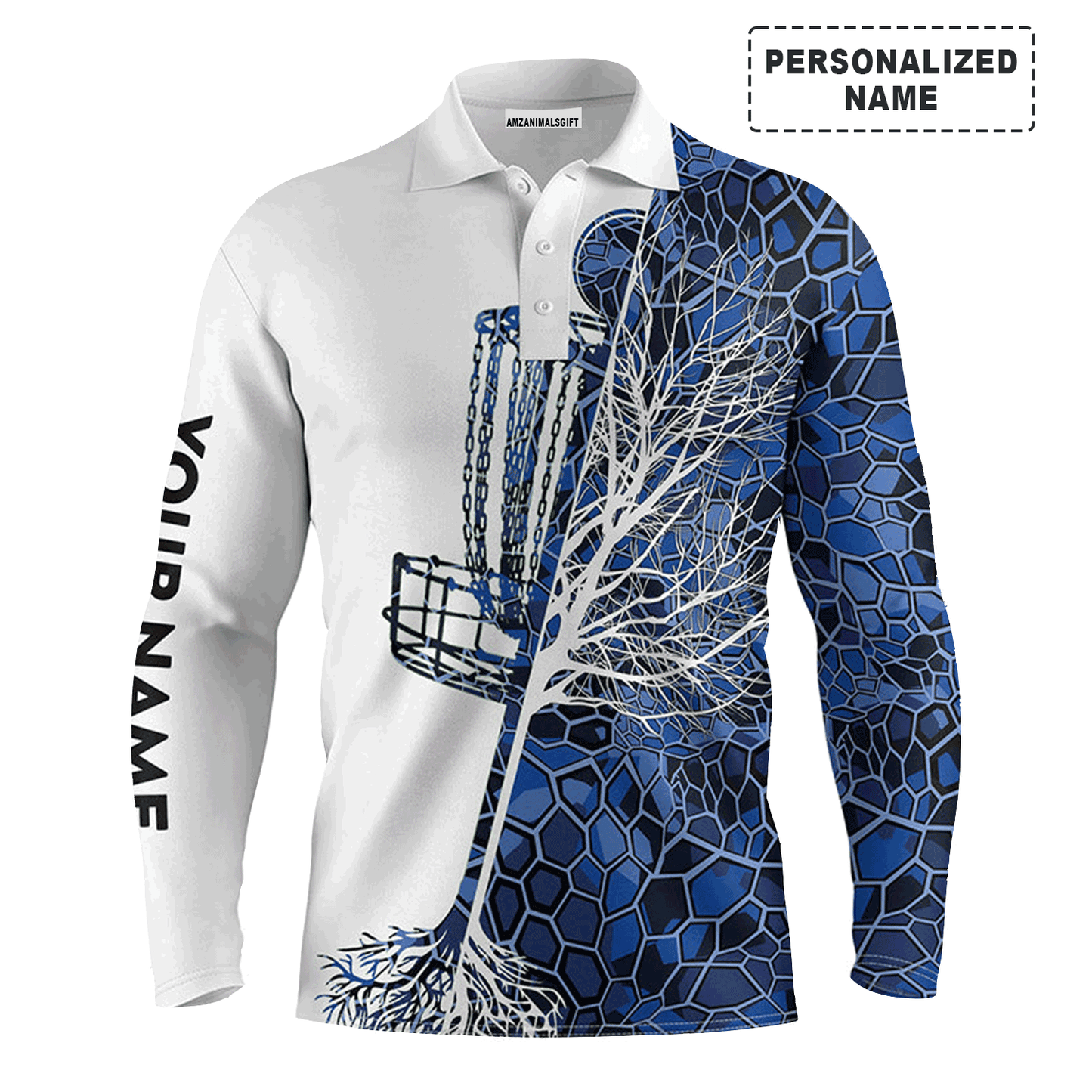 Custom Golf Long Sleeve Men Polo Shirt - Funny Custom Name Blue Camo Disc Golf Basket Apparel - Personalized Gift For Men, Disc Golf Lover