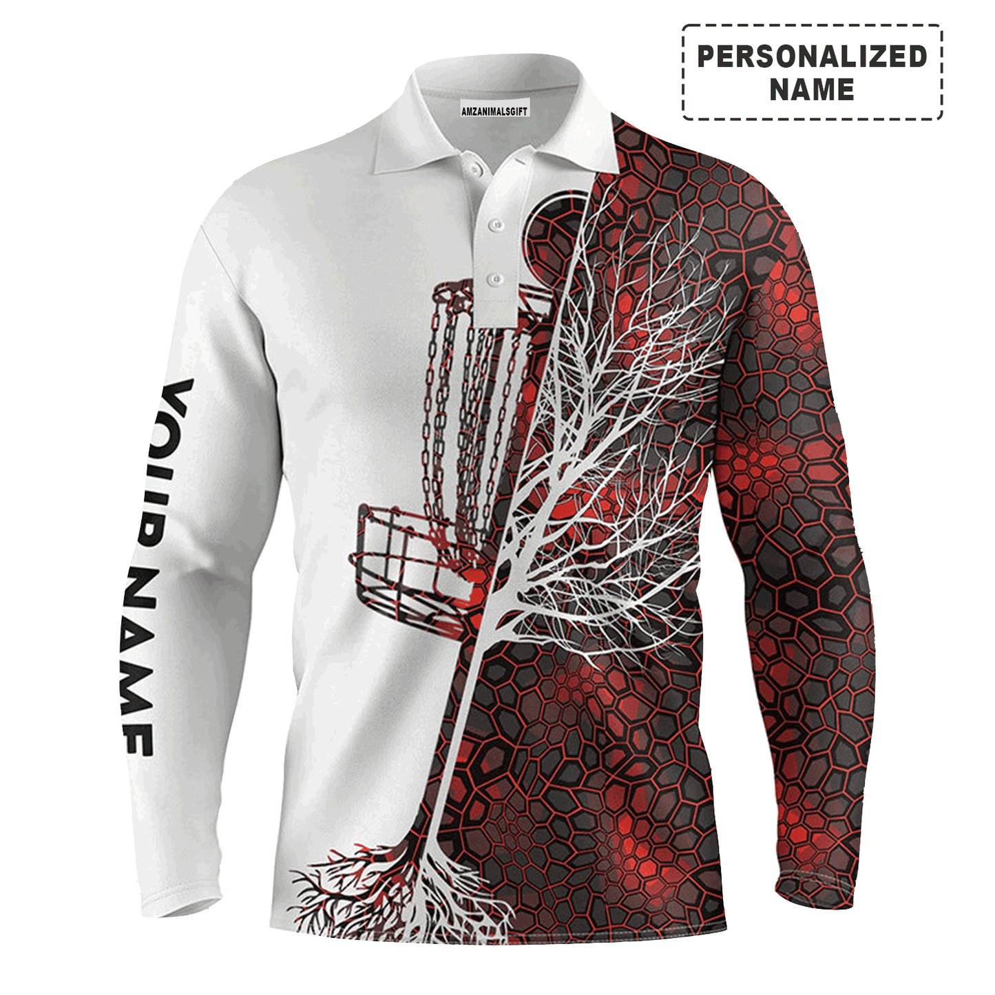 Custom Disc Golf Long Sleeve Men Polo Shirt - Funny Custom Name Red Camo Disc Golf Basket Apparel - Best Gift For Men, Disc Golf Lover