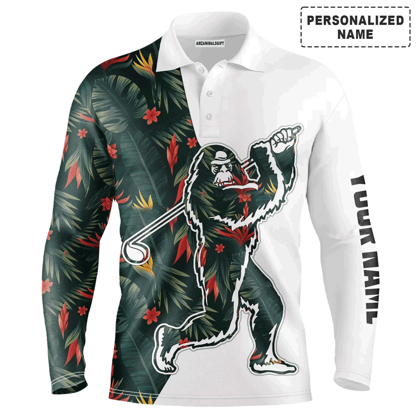 Custom Golf Long Sleeve Men Polo Shirt - Bigfoot Golf Custom Name, Funny Tropical Flowers Pattern Polo Shirt For Men, Golf Lover