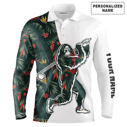 Custom Golf Long Sleeve Men Polo Shirt - Bigfoot Golf Custom Name, Funny Tropical Flowers Pattern Polo Shirt For Men, Golf Lover