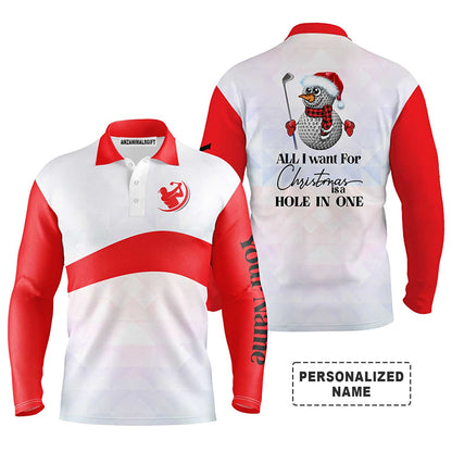 Custom Golf Long Sleeve Men Polo Shirt- All I Want For Christmas Is A Hole In One Men Golf Polo Shirt For Men - Perfect Polo Shirt For Golf Lover