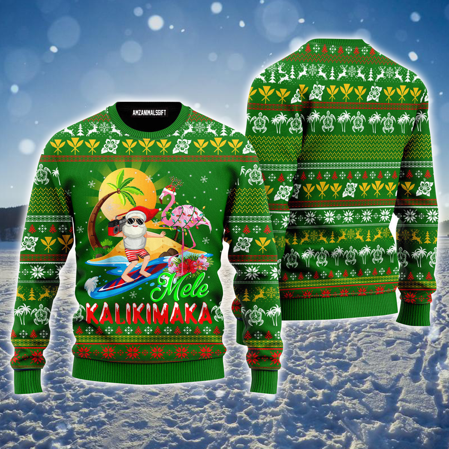 Santa Surf Ugly Sweater, Funny Flamingo Hawaii Santa Mele Kalikimaka Ugly Sweater For Men & Women, Perfect Gift For Christmas, Friends, Family