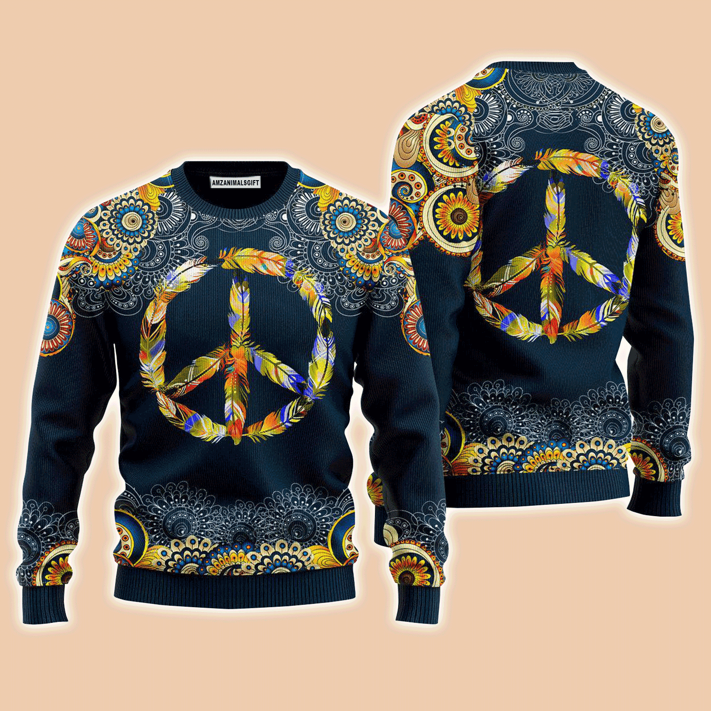 Feather Peace Sign Sweater, Ugly Sweater For Men & Women, Perfect Outfit For Christmas New Year Autumn Winter