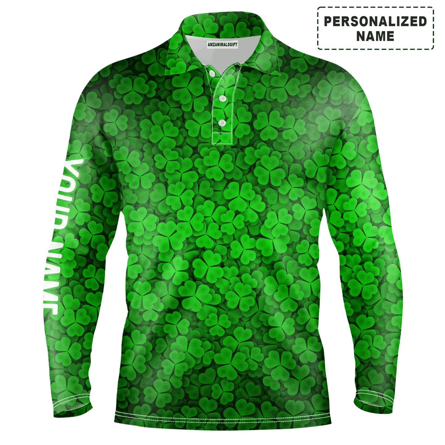 Custom Golf Long Sleeve Men Polo Shirt, Custom Name Green Clover St Patrick's Day Pattern Apparel - Perfect Gifts For Men, Golf Lovers