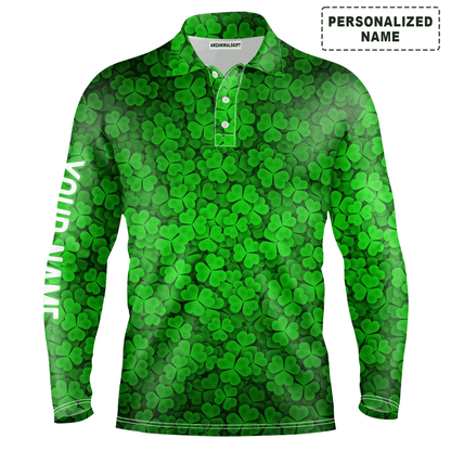 Custom Golf Long Sleeve Men Polo Shirt, Custom Name Green Clover St Patrick's Day Pattern Apparel - Perfect Gifts For Men, Golf Lovers