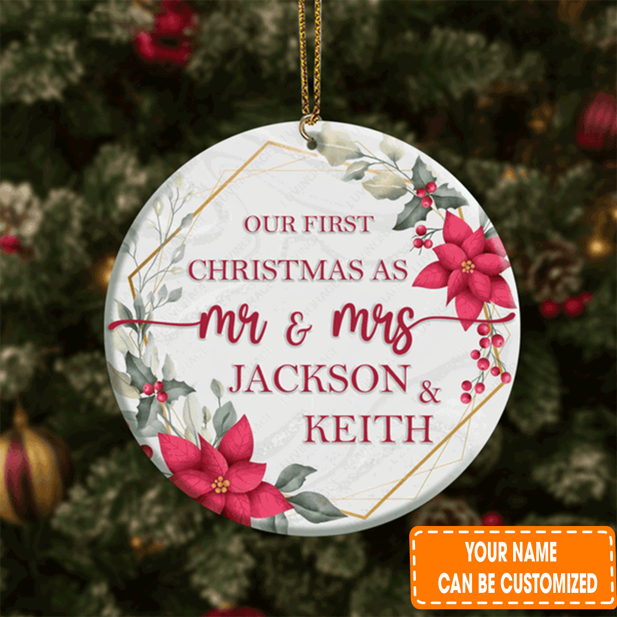 Custom Jesus Acrylic Ornament, Personalized Poinsettia Floral Golden Frame Our First Christmas Acrylic Ornament For Christian, Holiday Decor