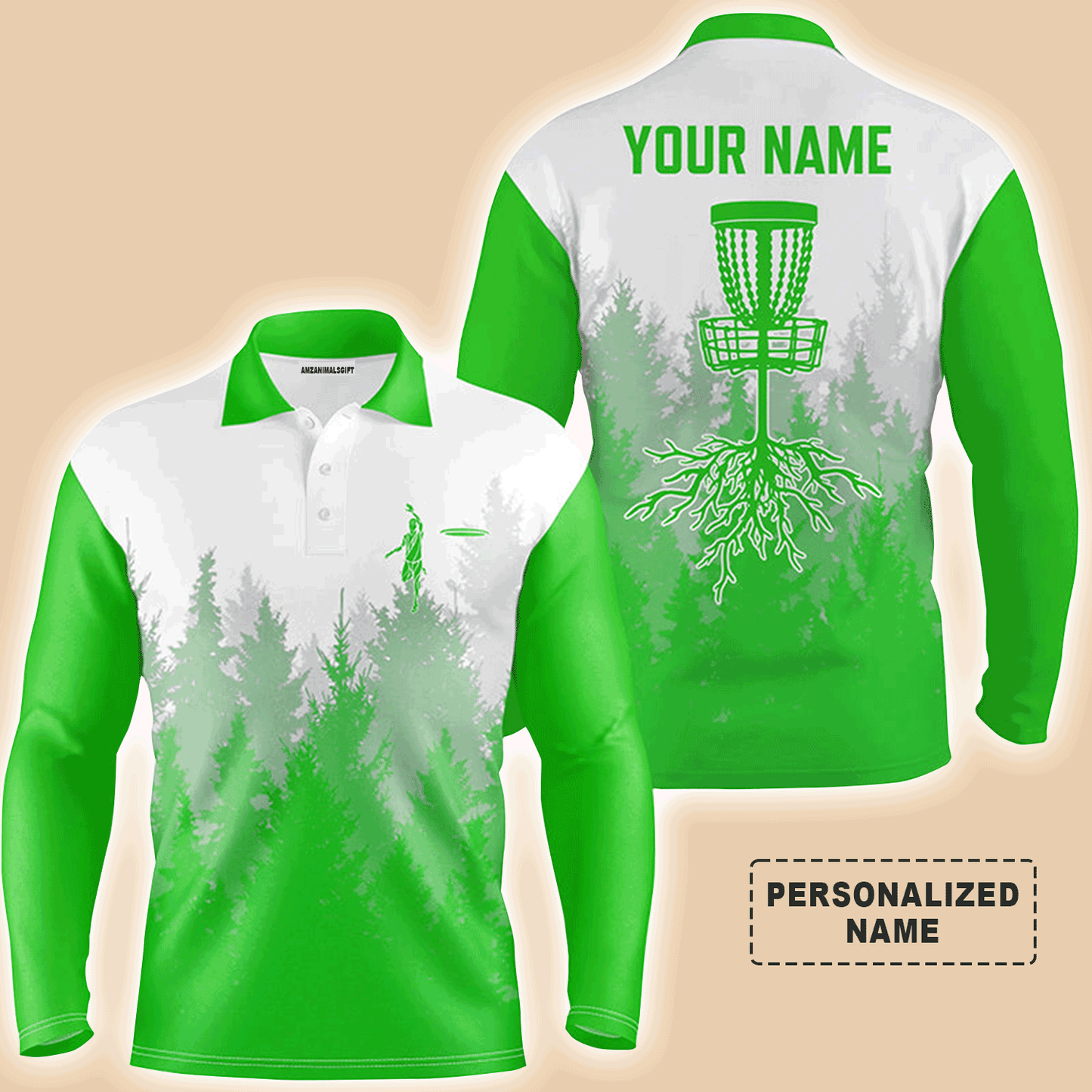 Custom Disc Golf Long Sleeve Men Polo Shirt - Disc Golf Basket Hole In The Woods Custom Name Multicolor Apparel For Men, Disc Golf Lover