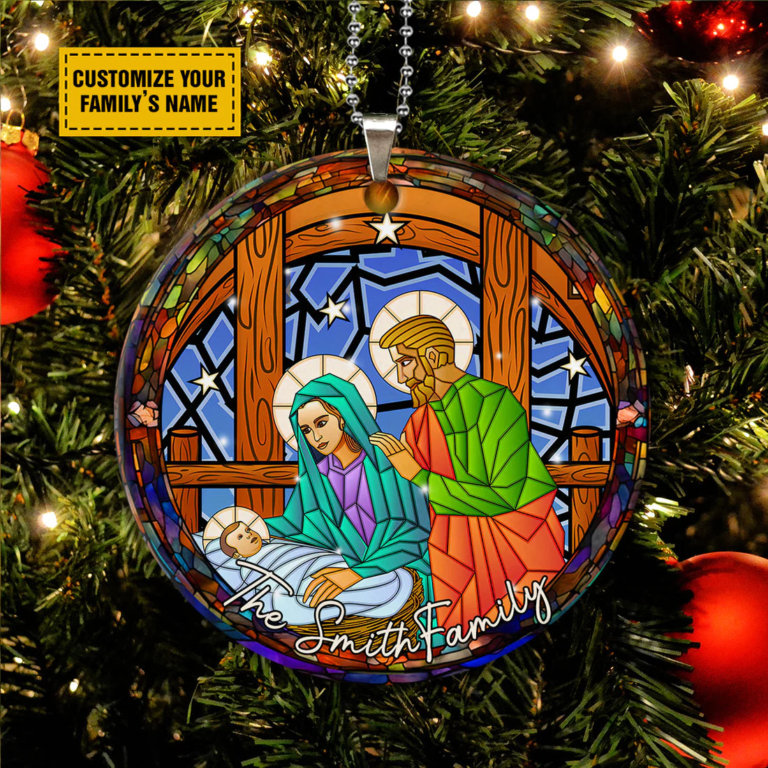 Custom Family's Name Jesus Circle Ceramic Ornament - Jesus Nativity Stained Glass Cartoon Art, Gift For Jesus Lovers, God Faith Believers, Christmas