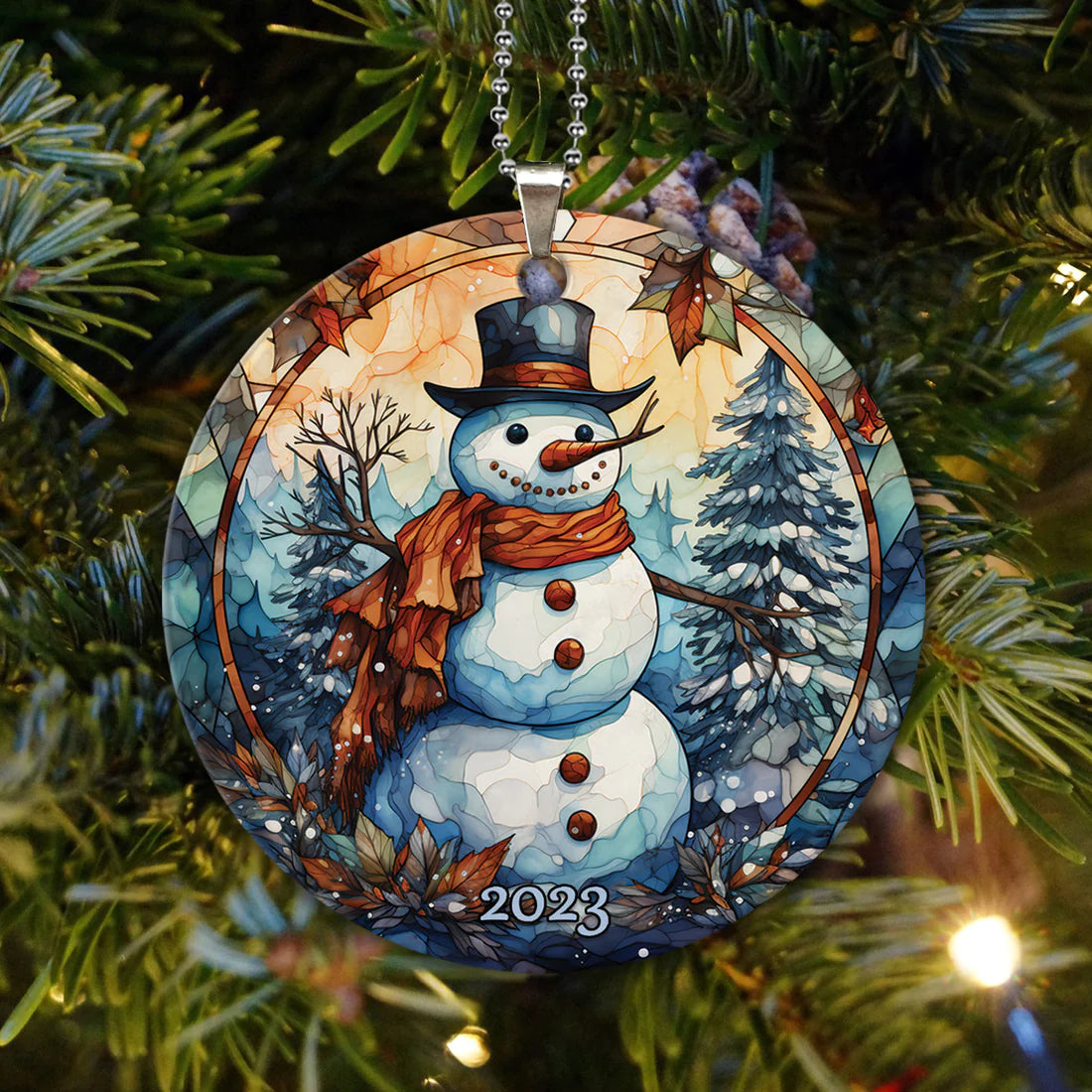Snowman Stained Glass Art Jesus Circle Ceramic Ornament - Gift For Jesus Lovers, Christian, God Faith Believers, Christmas
