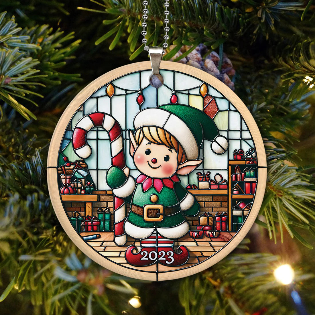 Jesus Circle Ceramic Ornament - Cute Elf Christmas Stained Glass, Gift For Jesus Lovers, God Faith Believers, God Lovers, Christian Gifts