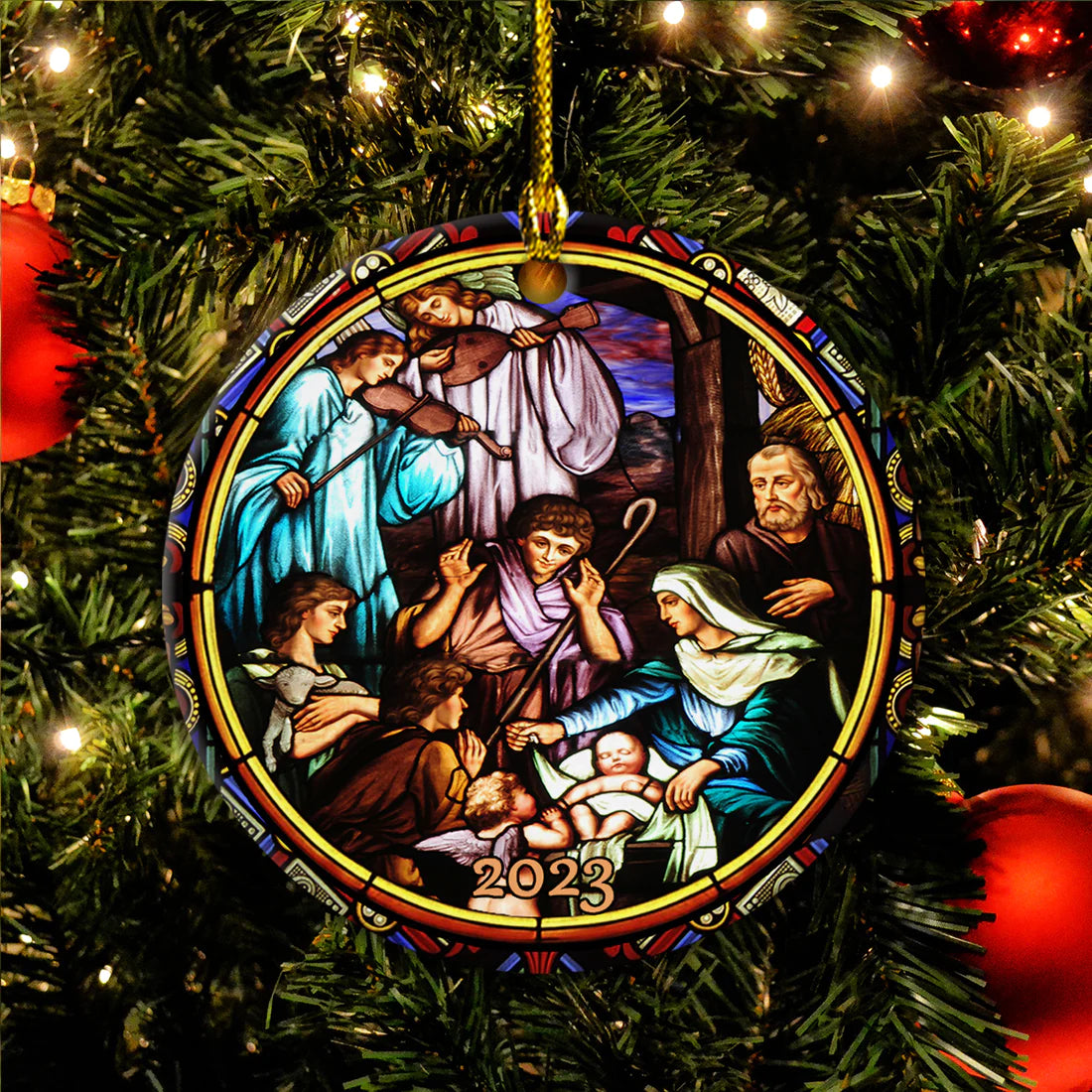 Jesus Circle Ceramic Ornament - Jesus Nativity Stained Glass Design, Gift For Jesus Lovers, God Faith Believers, God Lovers, Christian Gifts