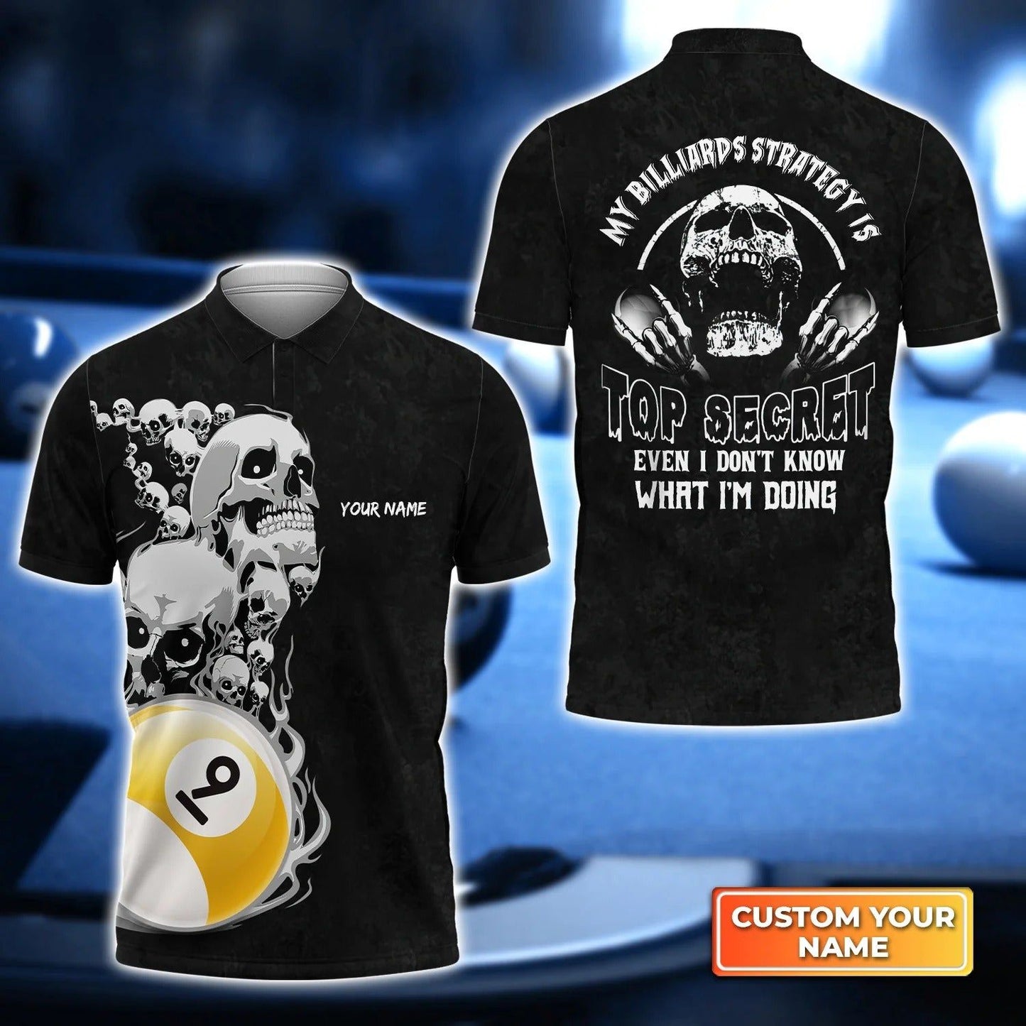 Custom Name Billiard Men Polo Shirt, Personalized Skull Secret 9 Ball Pool Billiards Polo Shirts, Gift For Male, Billiard Lovers, Billiard Players