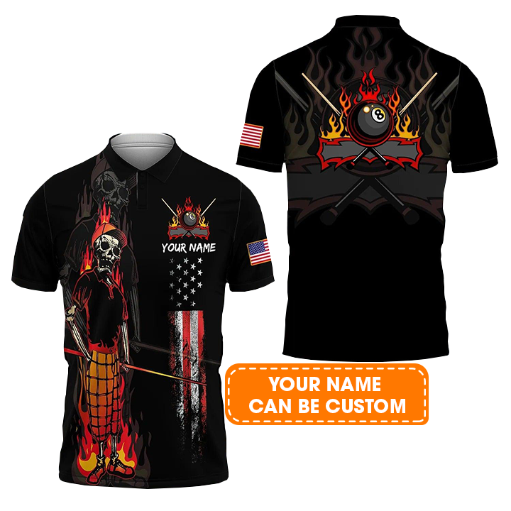Custom Billiard Men Polo Shirt - Bones 8 Ball American Flag Billiards Personalized Name - Perfect Billiard Polo Shirt For Men, Billiard Lover