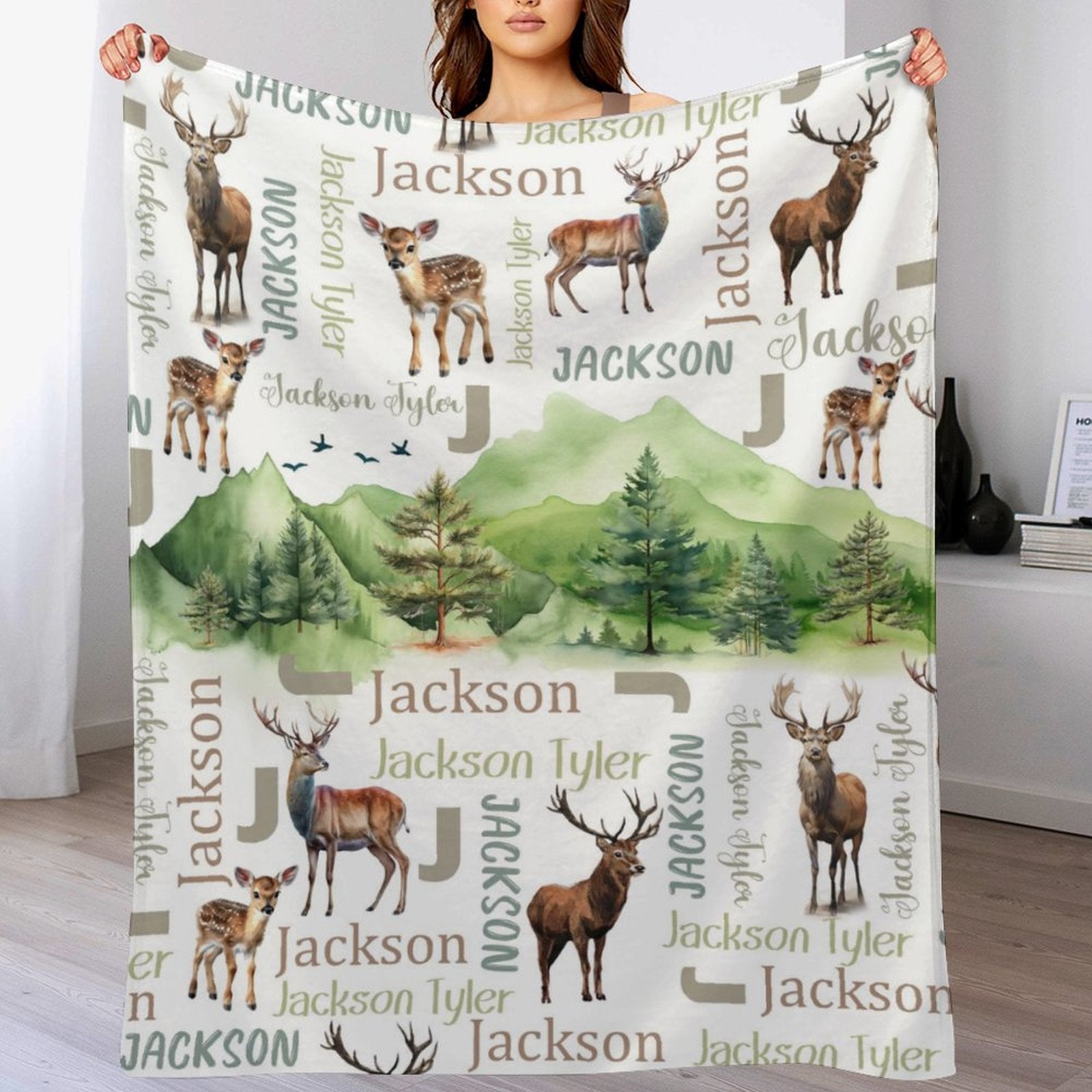 Woodland Deer Baby Kids Blanket With Custom Name For Baby Nursery, Son, Daughter, Granddaughter, Grandson