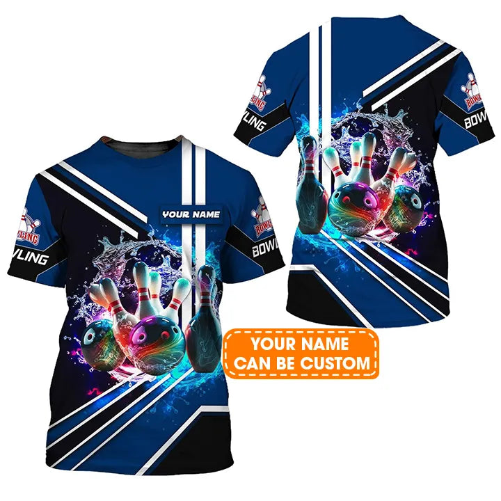Bowling Custom Name T Shirt, Rainbow Bowling Ball And Pins On Water Personalized T-Shirt For Men, Perfect Gift For Bowling Lovers, Bowlers, Team
