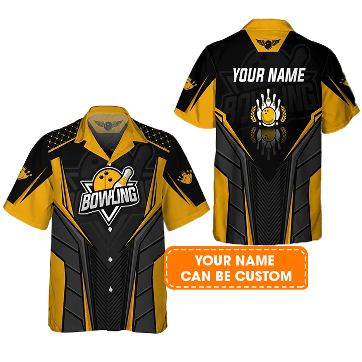 Bowling Hawaiian Shirt Custom Name - Bowling Pin And Bowl Ball Yellow Personalized Aloha Hawaiian Shirt - Gift For Friend, Family, Bowling Lovers