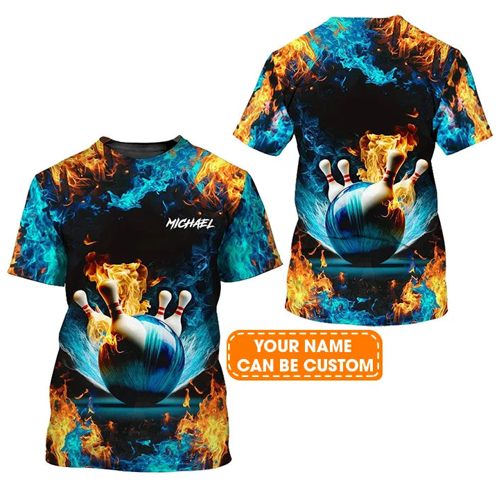 Bowling Custom Name T Shirt, Blue Bowling Ball And Pins On Fire Personalized T-Shirt For Men, Perfect Gift For Bowling Lovers, Bowlers, Team, Friend