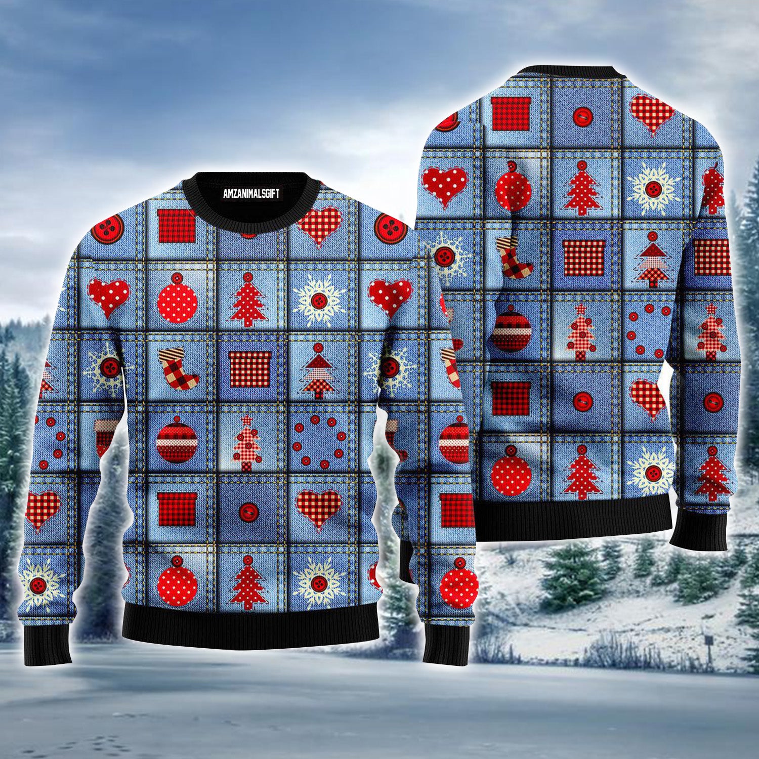Jeans Patchwork With Applique Pattern Ugly Christmas Sweater For Men & Women, Perfect Outfit For Christmas New Year Autumn Winter