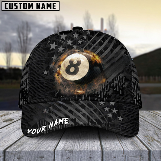 Customized Billiard Cap, Billiard Pool Ball 8 Fire Black US Flag  Personalized Name 3D Hats, Best Billiard Pool Hat For Billiard Players
