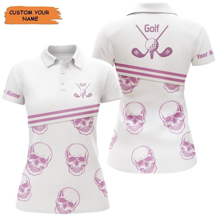 Customized Name Golf Women Polo Shirts, Personalized Pink Golf Skull Pattern White Golf Shirt For Women - Perfect Gift For Golfers, Golf Lovers