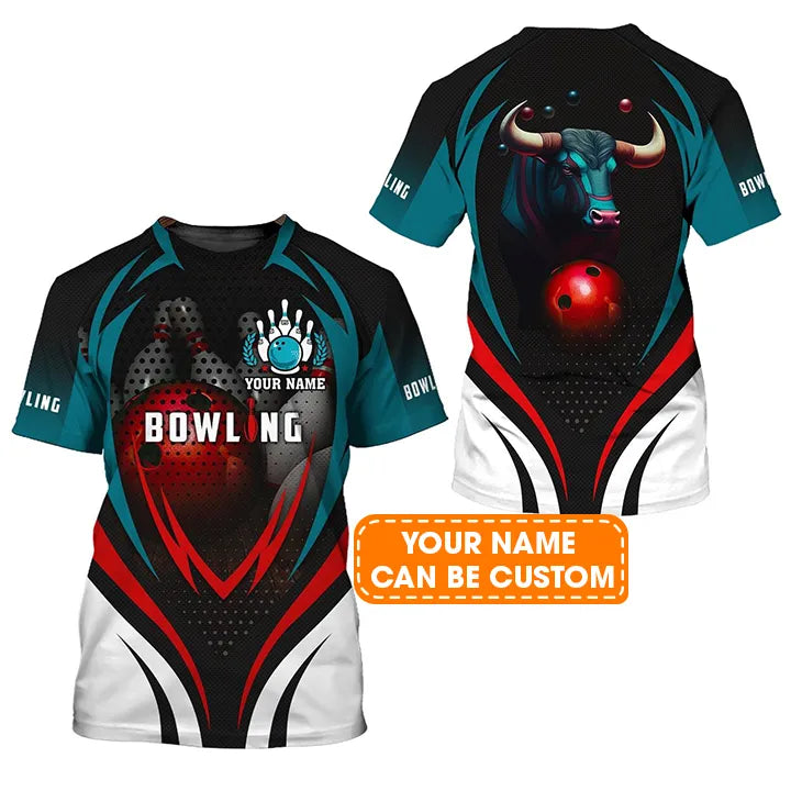 Bowling Custom Name T Shirt, Bull Bowling Team With Red Ball Personalized T-Shirt For Men, Perfect Gift For Bowling Lovers, Bowlers, Team, Friend