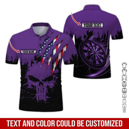 Customized Name & Text Darts Polo Shirt, Skull American Flag Personalized Name Darts Polo Shirt For Men - Perfect Gift For Darts Lovers, Darts Players