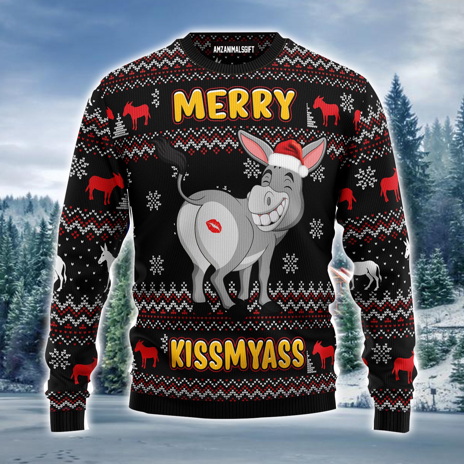 Donkeys Merry Kissmyass Ugly Christmas Sweater, Funny Christmas Ugly Sweater For Men & Women - Perfect Gift For Christmas, Friends, Family