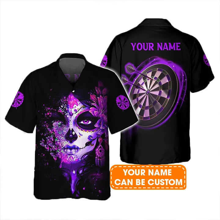 Customized Darts Aloha Hawaiian Shirt, Sugar Skull Girl Butterfly Hawaiian Shirt, Purple Skull Girl Personalized Name Hawaiian Shirt For Darts Lover