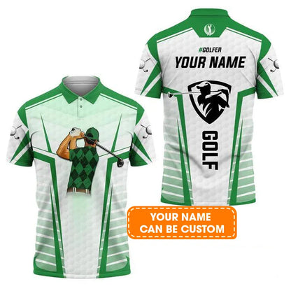 Customized Golf Men Polo Shirts, Golf Swing Green Abstract With Golf Club Polo Shirts, Personalized Customized Name Golf Polo Shirt For Men, Golfers