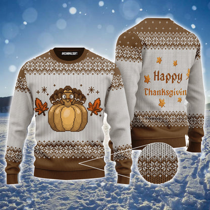 Vintage Happy Thanksgiving Turkey Pumpkin Urly Sweater, Thanksgiving Sweater For Men & Women - Perfect Gift For Thanksgiving, New Year, Winter