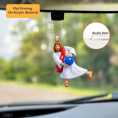 Personalized Funny Jesus Christmas Ornament, Jesus Throwing Bowling Ball, Custom Ornament Christmas Gift, Keychain Bowling, Car Ornament Bowling