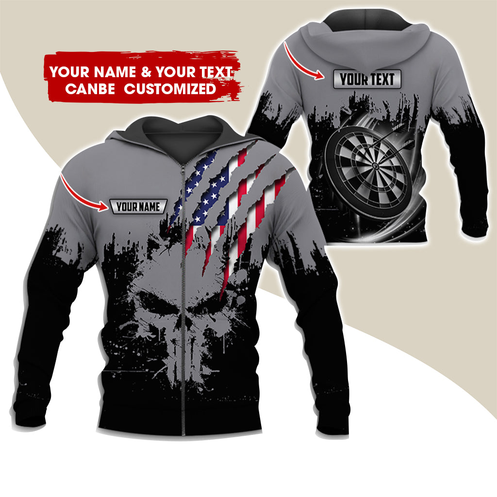 Customized Name & Text Skull Darts Premium Zip Hoodie, Personalized American Flag Zip Hoodie For Men & Women - Gift For Darts Lovers, Darts Players