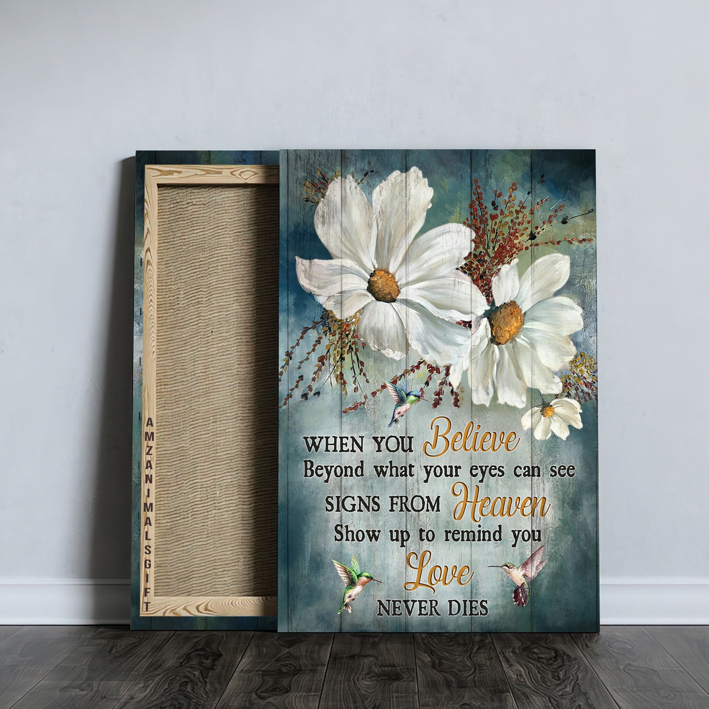 Memorial Premium Wrapped Portrait Canvas - White Daisy Flower, Hummingbird, Love Never Dies - Gift For Members Family