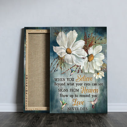 Memorial Premium Wrapped Portrait Canvas - White Daisy Flower, Hummingbird, Love Never Dies - Gift For Members Family