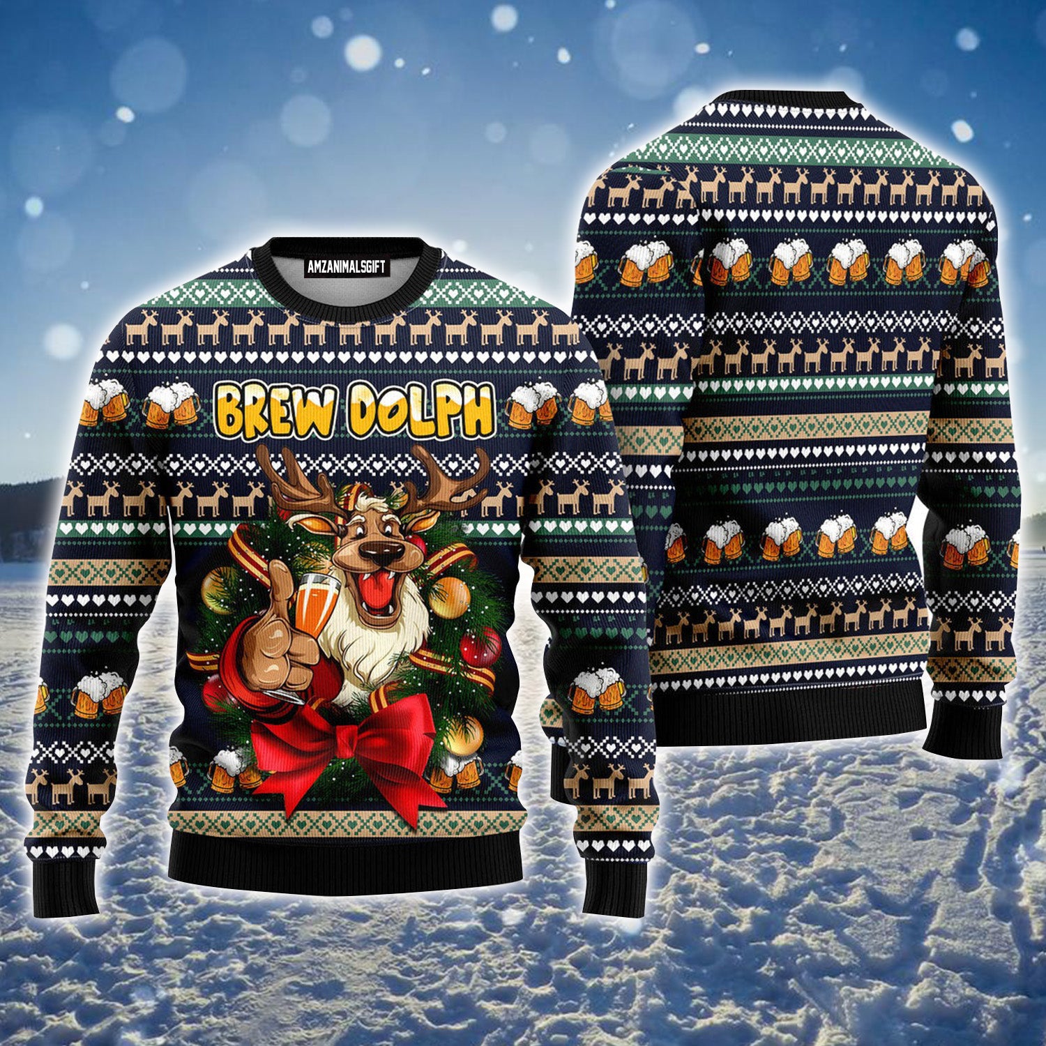 Brewdolph Reindeer Beer Pattern Ugly Christmas Sweater For Men & Women, Perfect Outfit For Christmas New Year Autumn Winter