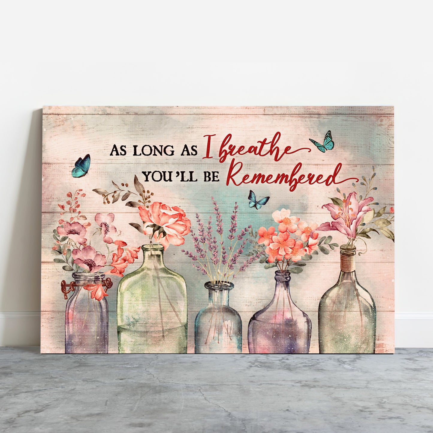 Memorial Premium Wrapped Landscape Canvas - Light Pink Flower, Crystal Vase, Beautiful Sky, As Long As I Breathe - Heaven Gift For Members Family