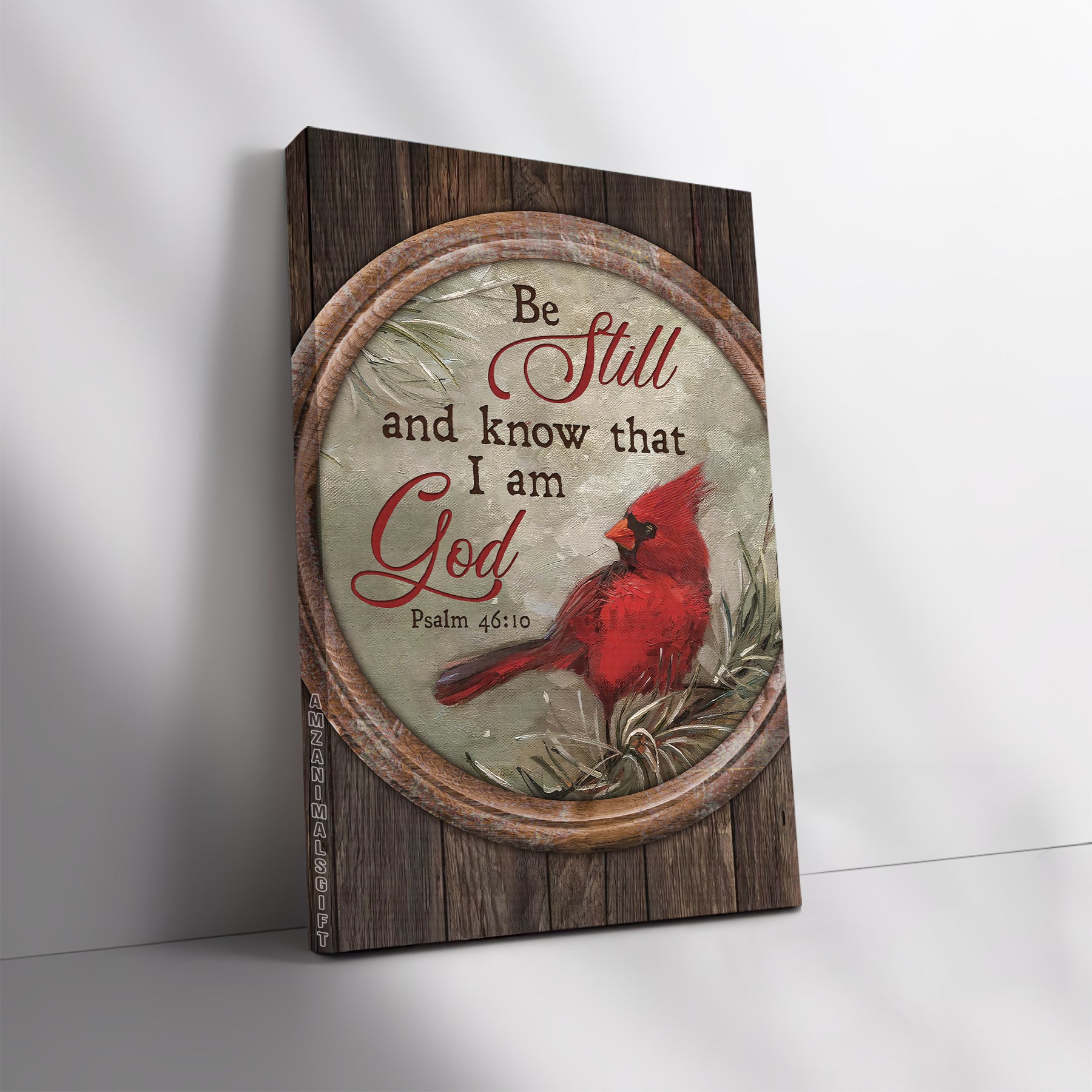 Jesus Portrait Premium Wrapped Canvas- Red cardinal, Circle frame, Winter forest, Be still and know that I am God- Gift for Christian, Friends, Family