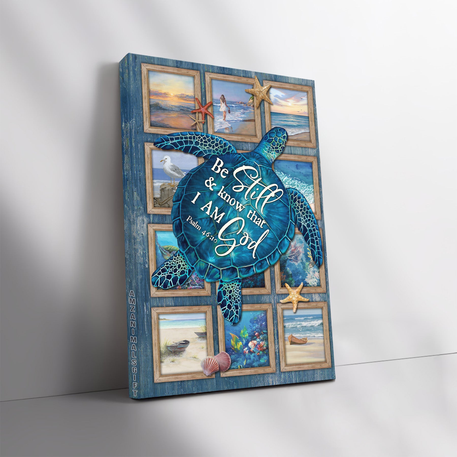 Jesus Portrait Premium Wrapped Canvas - Blue sea turtle, Ocean vibe, Colorful starfish, Be still and know that I am God - Gift for Christian, Family