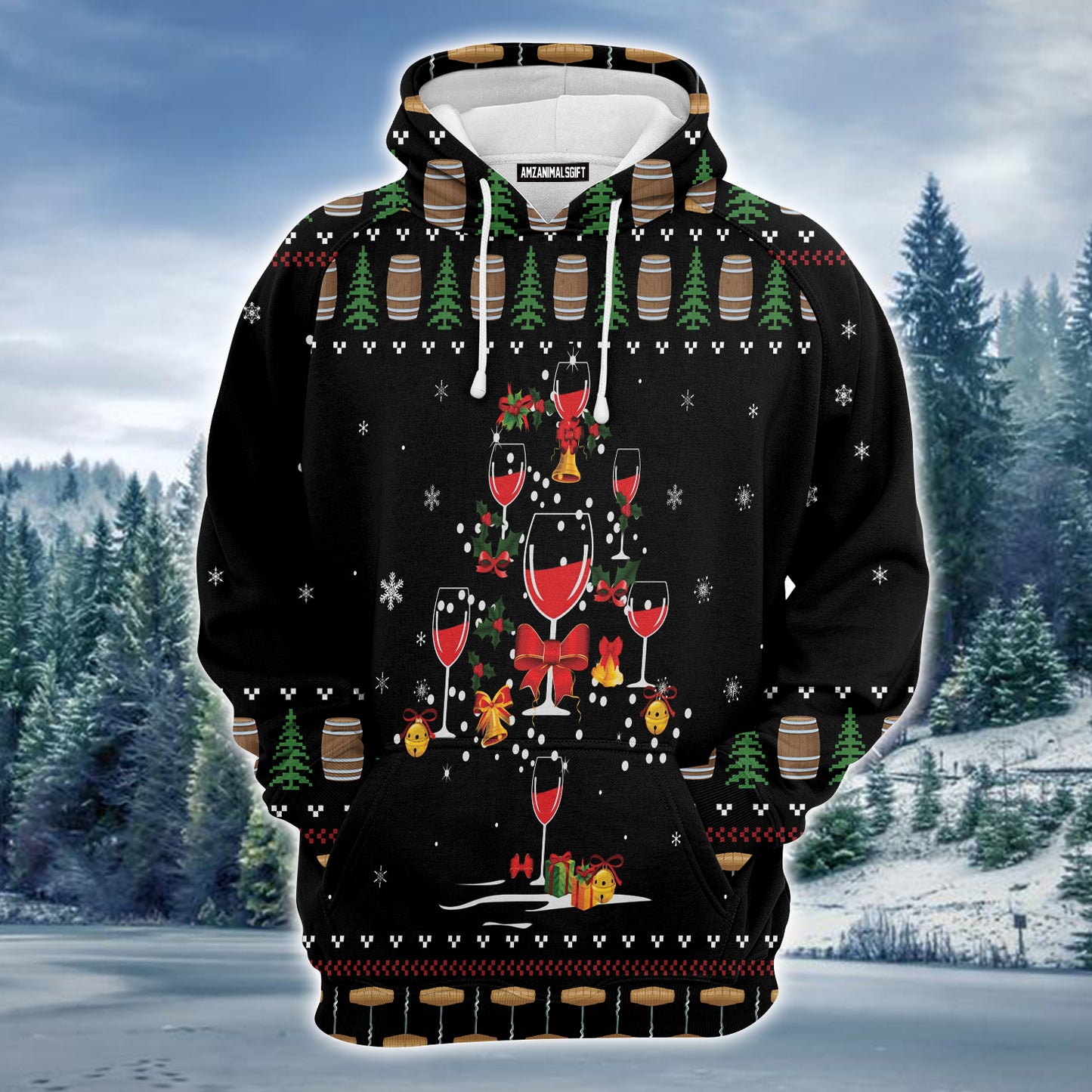 Red Wine Christmas Premium Christmas Hoodie, Christmas Tree Pattern Unisex Hoodie For Men & Women - Perfect Gift For Christmas, Friends, Family