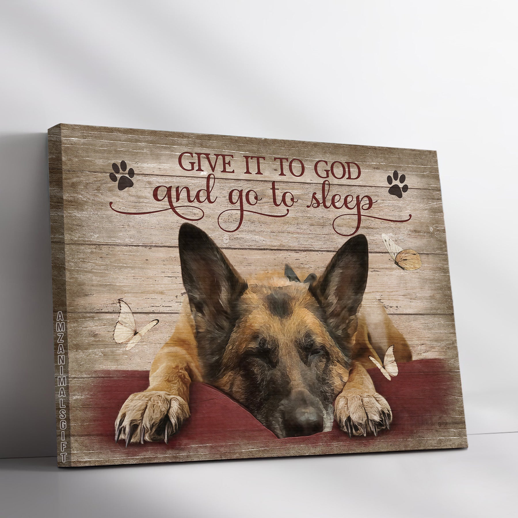 German Shepherd & Jesus Premium Wrapped Landscape Canvas - German Shepherd Drawing, Give It To God And Go To Sleep - Gift For Christian, Dog Lovers