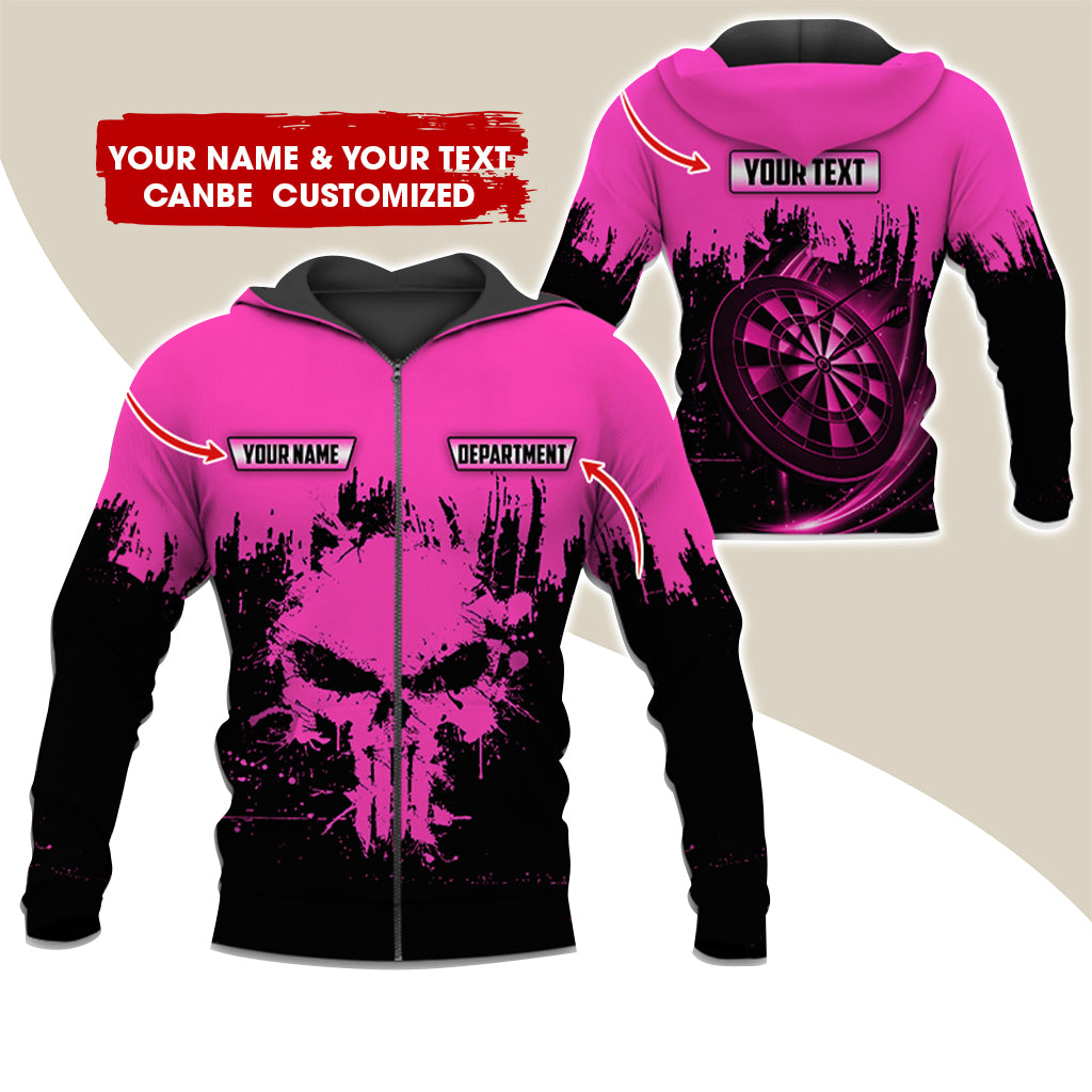 Personalized Name & Text Darts Premium Zip Hoodie, Customized Skull Dartboard Team Zip Hoodie For Men & Women - Gift For Darts Lovers, Darts Players