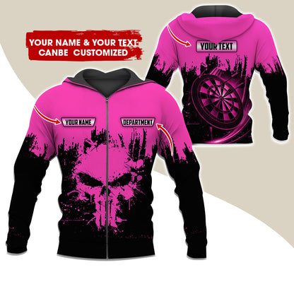 Personalized Name & Text Darts Premium Zip Hoodie, Customized Skull Dartboard Team Zip Hoodie For Men & Women - Gift For Darts Lovers, Darts Players