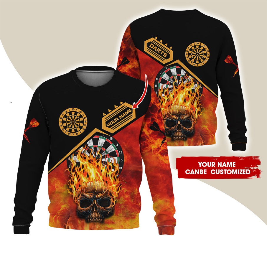 Customized Name Darts Sweatshirt, Personalized Name Skull Flame Sweatshirt For Men & Women - Gift For Darts Lovers, Darts Players